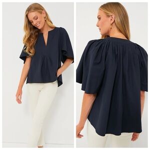 Pomander Place Navy Flutter Sleeve V-Neck Blouse